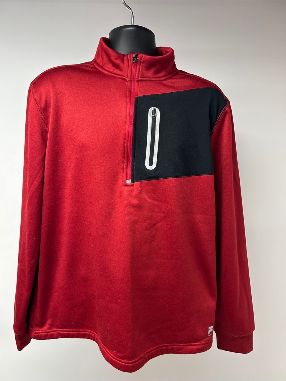 Fila Sport Mens Large Red Black 1/4 Zip Pullover Fleece Sweatshirt Chest Pocket